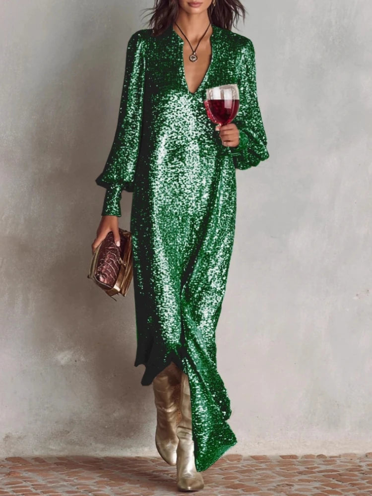 Aurora Sequin Deep V Evening Gown
