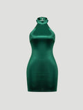 Emerald Satin Halter Mini Dress