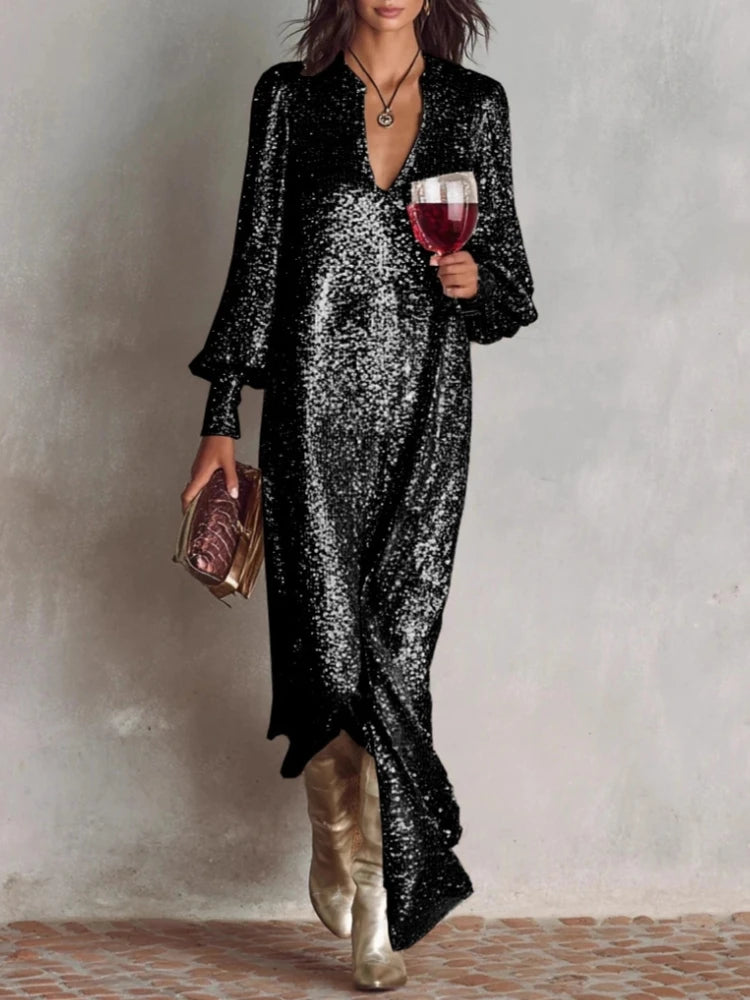Aurora Sequin Deep V Evening Gown
